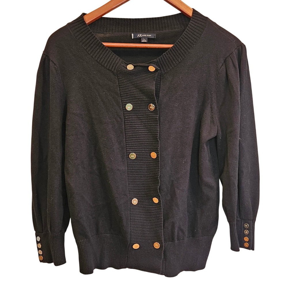 Anne Klein Black Double Breasted Cardigan Sweater Womens Size L Silver Buttons
